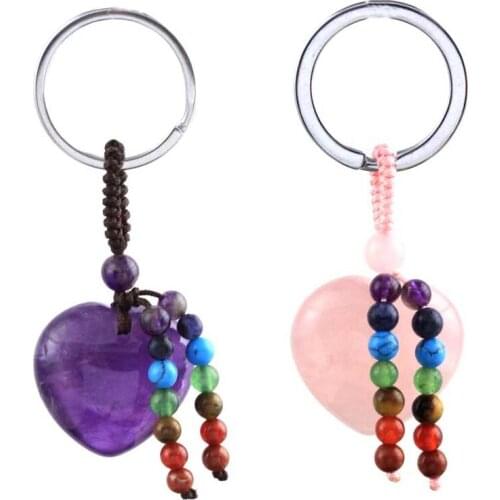 KFT Natural Heart Crystal Keychain 7 Chakra Healing Stone Rose Pink Quartz Black Agate Keyring Silver Color Car Key Holder Decor