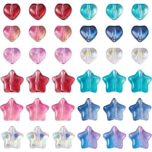 Pandahall 200pcs/box Heart Star Glass Beads with Glitter Powder Loose Spacer Beads Mixed Color for DIY Craft Jewelry Making