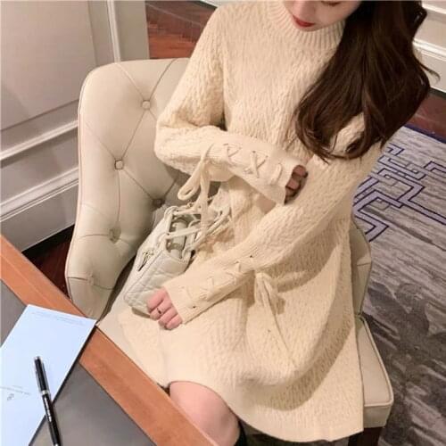 Elegant Korean Lady Office Dress Lace Up Long Sleeve Knitting Sweater Dresses Winter O-neck Mini Vestidoes Female Streetwear