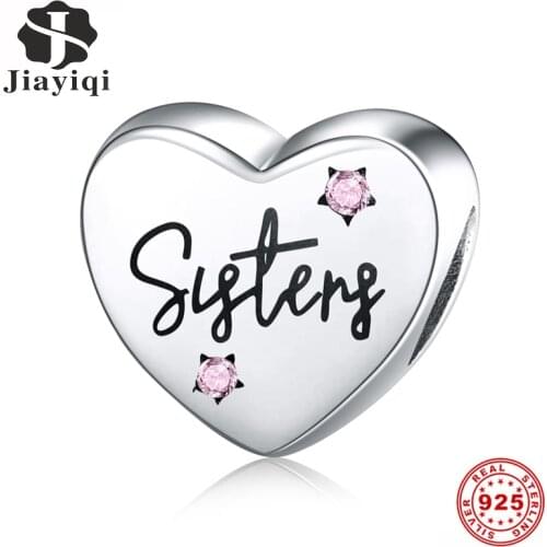 Jiayiqi Luxury 925 Silver Jewelry Sister Heart Shaped Inlay Pink Zircon 925 Sterling Silver Beads For Charms Women Bracelet DIY