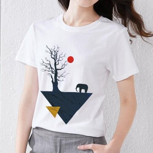 Classic White Ladies T-shirt Slim Fit Basic All-match Small Top Design Geometric Pattern Printed O-Neck Commuter Short Sleeve