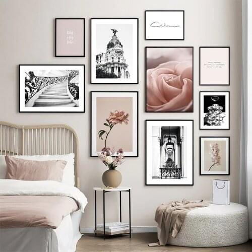 Wall Decor Nordic Home Decoration Architecture Poster Pink Rose Blossom Plant Canvas Painting Living Room Decor