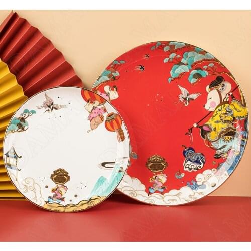 Painted Ceramics Plate Dining Table Main Course Dish Breakfast Cake Pan Bone China Restaurant Serving Tray Kitchen Tableware