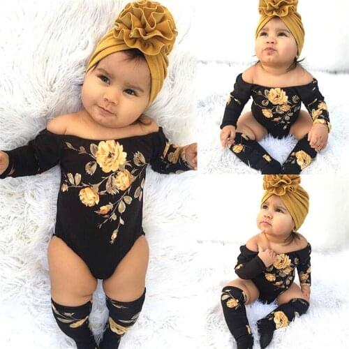 Baby Golden Flower Print Romper 3PCS Newborn Girl Off Shoulder Romper+Leg Warmers Outfit Clothes Set
