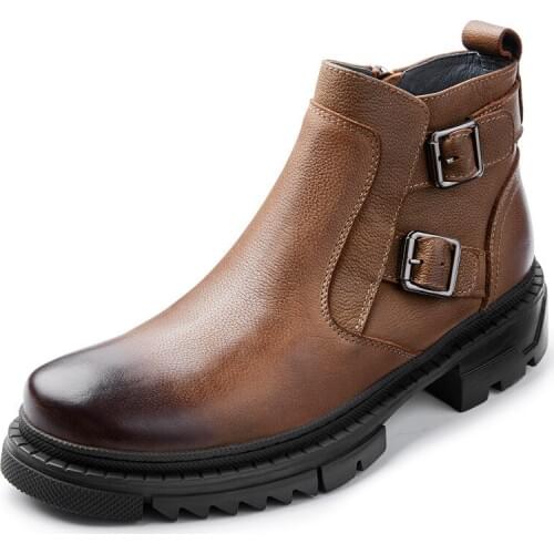 Genuine Leather Chelsea Boots Velvet Autumn Winter Military Boots Round Men Zipper Cowhide Thick bottom Free Shipping cashmere