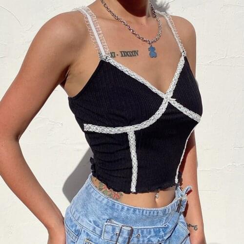 Lace Hem Cropped Women Tops Y2k Camis Fashion Patchwork Summer Sexy Top Backless Clothes Spaghetti Strap Crop Tops Streetwear