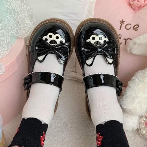 New 2021 Lolita Black/white/pink Color Matching Student Big Toe Loli Shoes Flats Cute Jk Girl Bow Buckle Female Student 3cm Heel