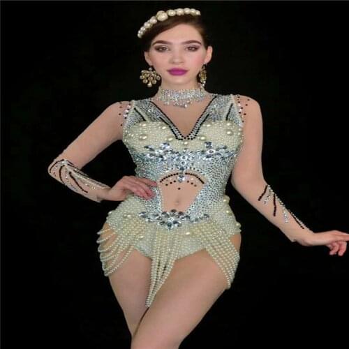 V7 Catwalk perform mesh long sleeve rhinestone dresses white pearl bodysuit tassel rhinestones perspective outfit dj tights club