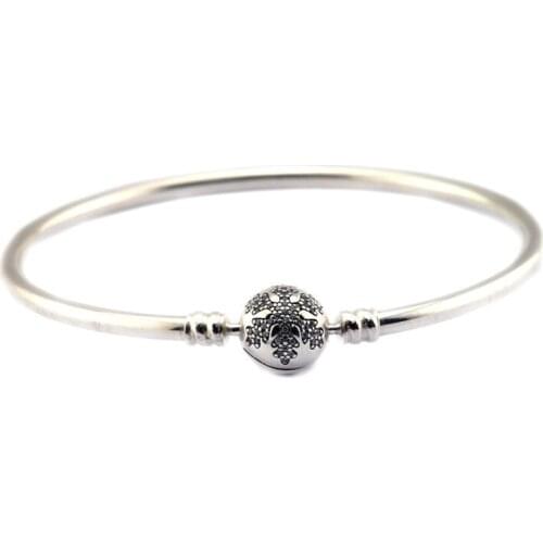 Unique As You Are Silver Bangles Bracelets Clear CZ Snowflake Round Clasp Silver 925 Jewelry DIY Charms Bracelets for Women