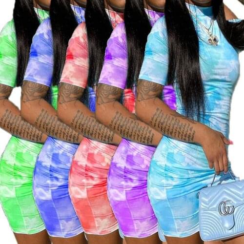 Woman Short Sleeve dress Tie Dye gradient Printed O Neck Bodycon Casual dress S-2XL DL0239