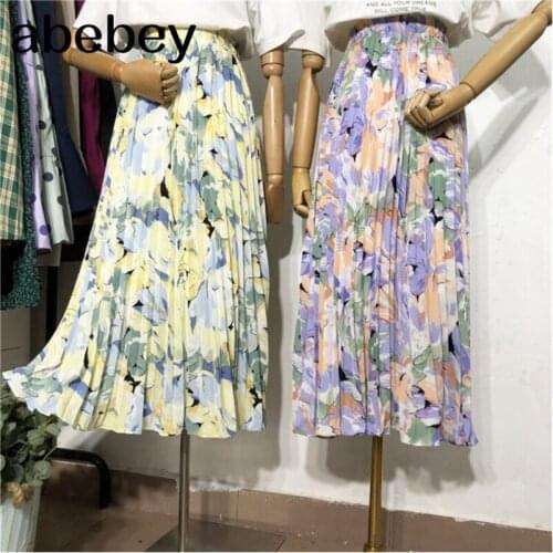 New 2021 Vintage Ink Painting Pleated Women Skirts High Waist Loose Chiffon Female Umbrella Long Skirt Spring Summer