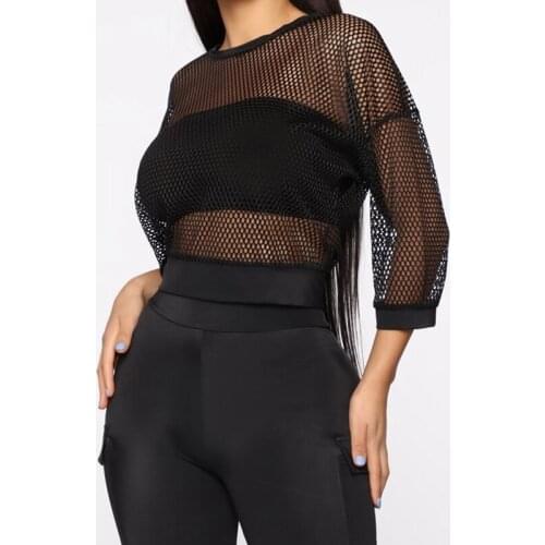 New 2019 Sexy Women Perspective Lace Mesh T-Shirts Long Sleeve Hollow Out Tee Tops Transparent Blouse