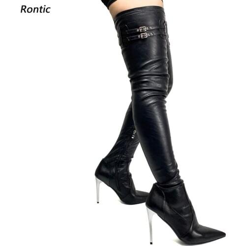 Rontic Handmade Women Spring Stretch Thigh Boots Sexy Stiletto Heels Pointed Toe Black Yellow White Red Party Shoes US Size 5-15