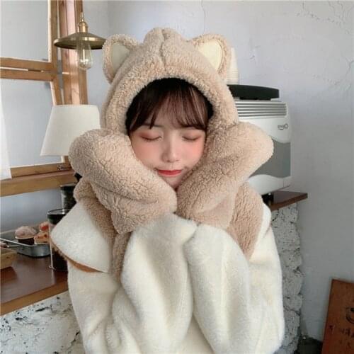 Women Fluffy Plush Warm 3 In 1 Hooded Scarf Hat Gloves Set Cartoon Cat Ears Winter Windproof Earflap Cap Pocket Mittens