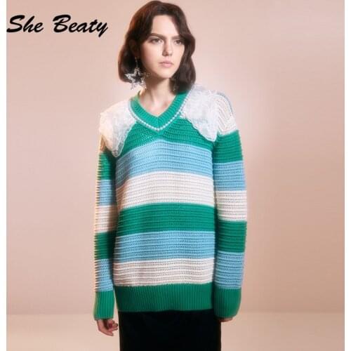 She Beaty Knitted Sweater Pullover Women Korean Fashion High Street Turn-Down Collar Long Sleeve Loose Casual Striped Jumper Top