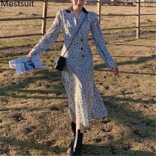 Leopard Printed V-neck Women Long Dress Vintage Elegant Full Sleeve Buttons Dresses Korean Office Ladies Splitting Vestidos 2021