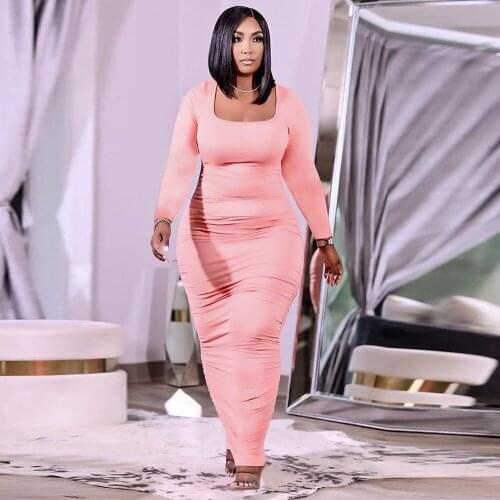 S-3XL Womens Pleated Plus Size Maxi Dresses Elegant Square Collar Long Sleeve Bodycon Dress Classy Solid Body-shaping Vestido
