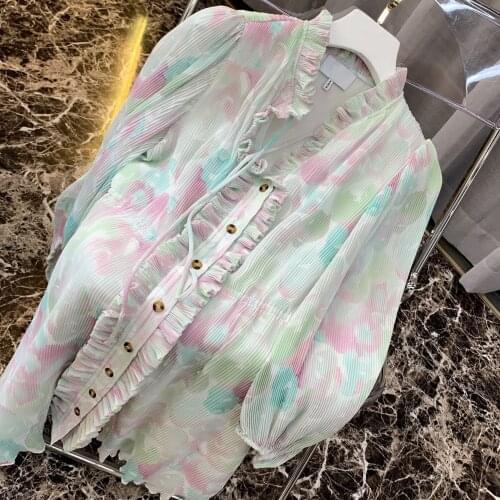 2021 summer new dress fashion casual ink tie-dye dress pleated waist V-neck 7-point sleeve pleated skirt women