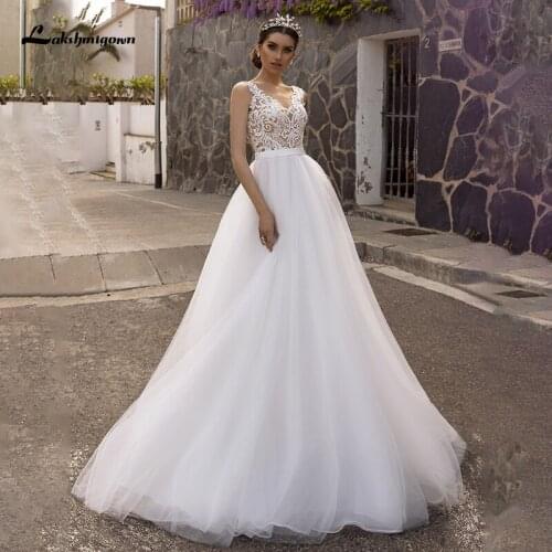 Lakshmigown Simple Tulle Boho Wedding Dresses 2021 Robe Mariee V Neck Sweep Train A-line Lace Bridal Gowns vestido de novia