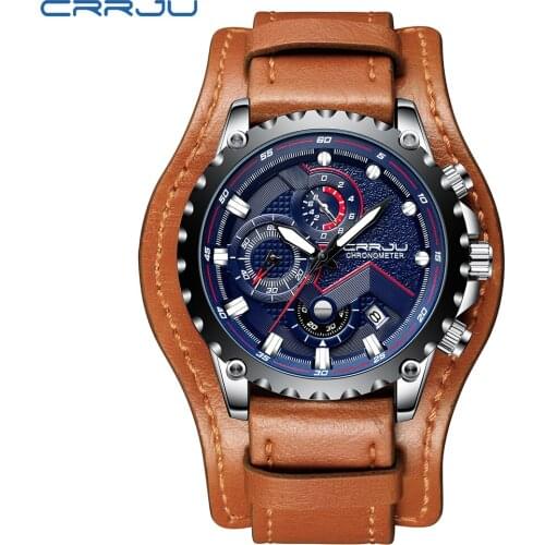 Luxury Brand CRRJU Male Fashion Chronograph Leather Automatic Date Quartz Watches Men Waterproof Sport Clock Relogio Masculino