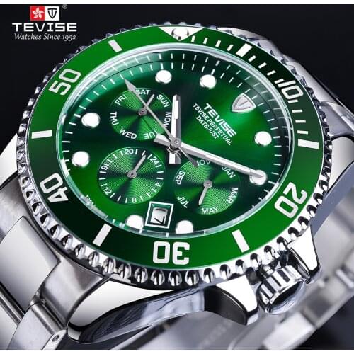 Tevise Calendar Date Top Brand Men Mechanical Watch Green Stainless Steel Waterproof Automatic Watch Luminous Hand Casual Clock