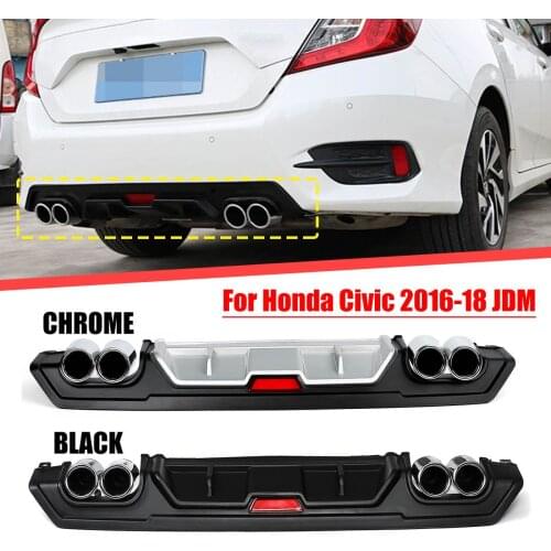 Black/Chrome Rear Lower Bumper Diffuser with Dual Exhaust Tip Outlet Pipe Decor For Honda For Civic 10th Sedan 4 Door 2016-18JDM