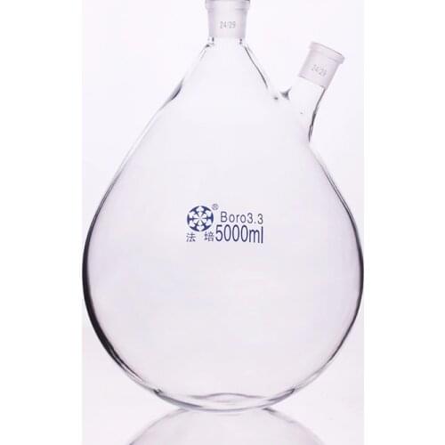 Flask eggplant shape,2 short necks standard grinding mouth,Capacity 5000ml,joint 24/29,Oblique eggplant-shaped flask