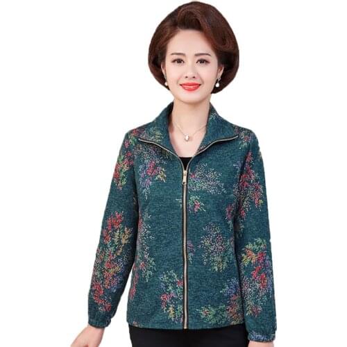 Middle-aged and Elderly Womens Coats Jacket New 2020 Spring Coat Short Print Plus Size Zip Outerwear Top Fall Casual Jackets