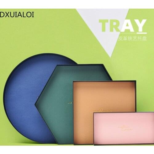 Scandinavian style color tray geometric leather cushion metal iron storage tray home decor accessories cosmetic finishing tray