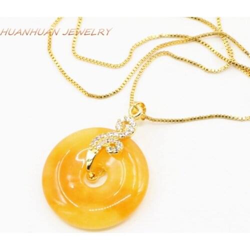 Lucky 25mm Women Pendant Chain Yellow Natural Stone Jades Chalcedony Reiki Pendulum Round Circle Pendants Amulet Jewelry B3352