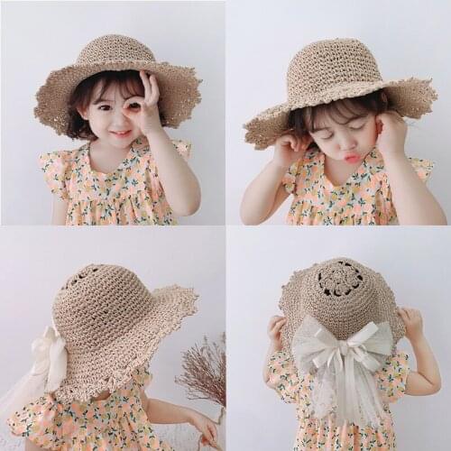 Cute Summer Childrens Straw Hat Girls Breathable Lace Hat Bow Beach Sun Hat Travel Sun Hat