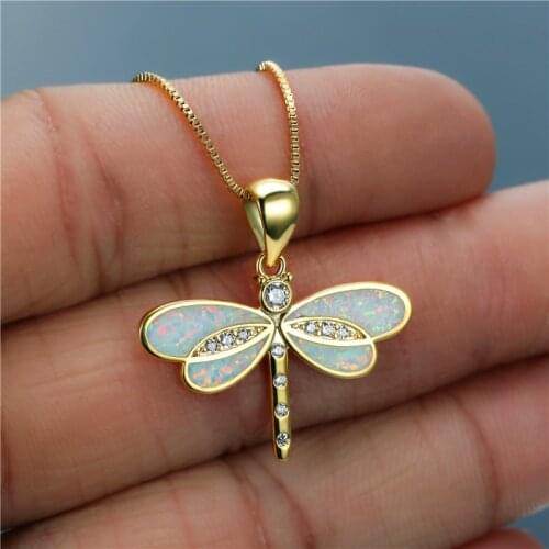 Cute Gold Color Dragonfly Necklace Luxury Female White Blue Opal Pendant Necklace Charm Crystal Animal Chain Necklaces For Women