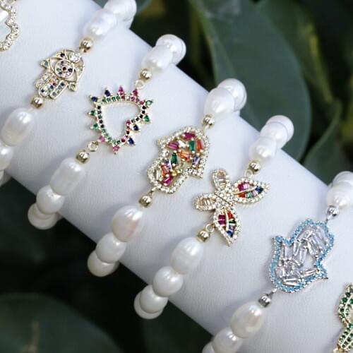 Fashion natural real freshwater pearl beads connected colorful rainbow micro-inlaid beaded stretchable bracelet woman girl gift