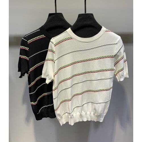 Fashion 2021 new women short-sleeved casual striped sweater 0326