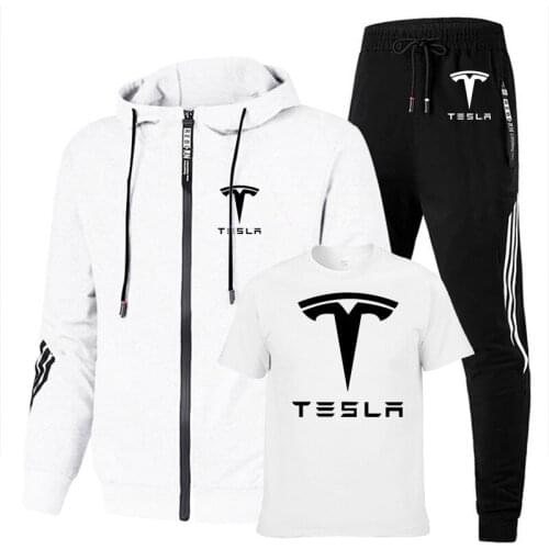 Mens suits Tesla Car Logo Printed Spring high quality cotton Fashion stripe Cotton Mens sweatshirt+T-shirt+sports pants 3-piec