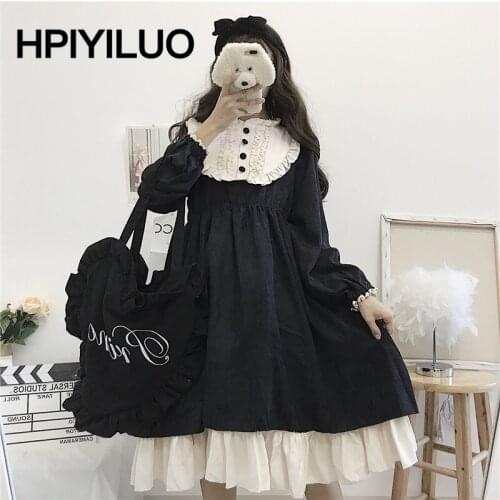 Japanese Style 2021 Autumn WomenS Dresses O-Neck High Waist Slimming Contrast-Color Ruffled Sweet Lolita Dress Kawaii Clothing