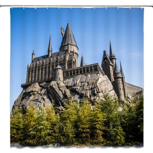 Castle Scenery Shower Curtains Retro Architectural Landscape Cliff Trees View Pattern Bathroom Decor Polyester Cloth Curtain Set