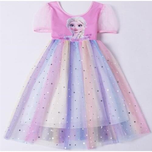 Disney new ice colors pure color elsa princess dress girls dress animated cartoon female cotton dress with short sleeves