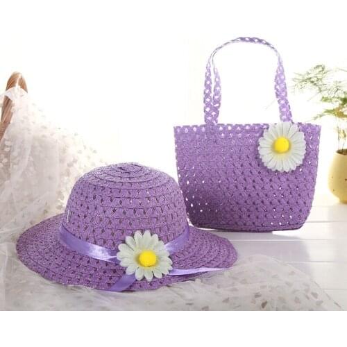 RUHAO Girls Beach Hats Bags Flower Straw Hat Cap Tote Handbag Bag Suit Children Summer Sun Hat 52 CM For 3-7 Years 9 Colors