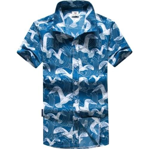 Plus Size Mens Hawaiian Surf Beach Shirt 2018 Summer New Seagull Printed Short Sleeve Male Beach Board Shirts Man M-5XL