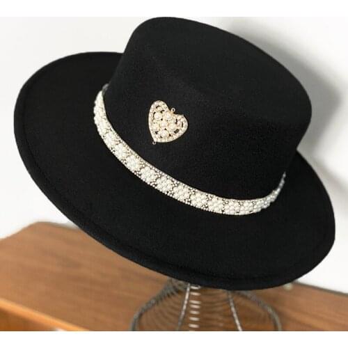 Pearl rhinestone love flat fedora hat for womens elegant temperament jazz hat autumn winter woolen gift hat ladies panama hat