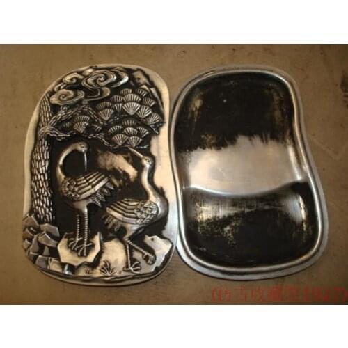 Chinese ancient Tibet silver crane statue inkslab-Chinese calligraphy tool metal crafts home decoration inkslab