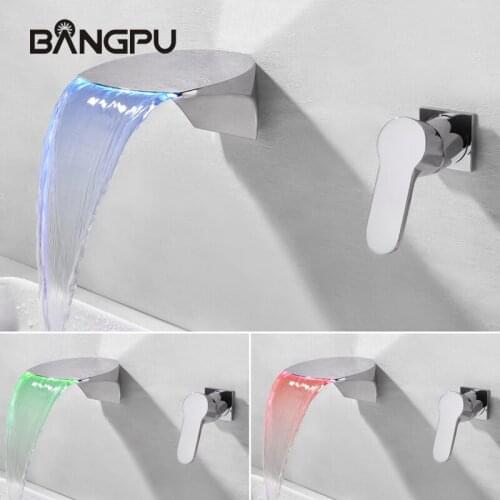 BANGPU LED Waterfall Basin Faucet Single Handle, Bathroom Sink Faucet Wall Mounted with Waterfall Spout Finished in Chrome
