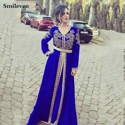 Smileven Moroccan Caftan Evening Dresses Embroidery Appliques Long Evening Dress Sleeve Arabic Muslim Party-Dress Plus Size