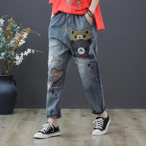 Spring Autumn Jeans Women 2021New Art Cartoon Embroidered Harem Pants Female Patch Elastic Retro High-Waist Ladies Trousers 175
