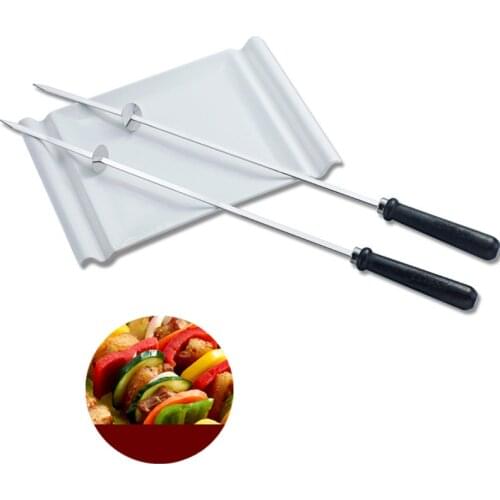 Meat Forks BBQ Skewers Meat Sticks With Wooden Handle Sticks Stainless Steel Thick Camping Party Roast Flat Tools Set 52cm 10pcs