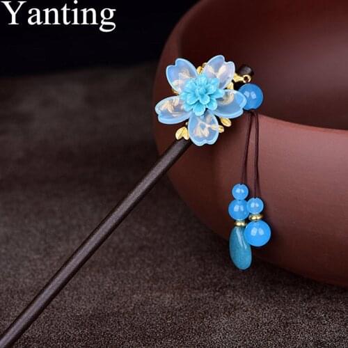 Yanting Blue Flower Hair Stick Handmade Vintage Hiar Accessories For Women Sweet Hairpin Clip Pin Bride Jewelry Romantic 002