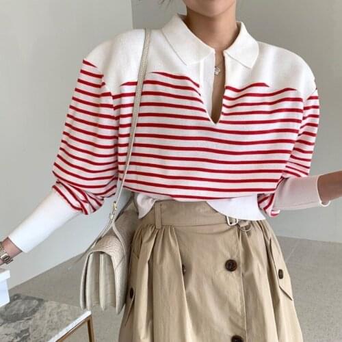 2021 spring and autumn edition chic style lapel personality stripe short bubble sleeve sleeve pullover long sleeve sweater sweat