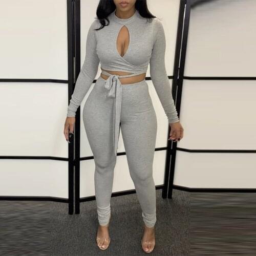 Active Style Two Piece Set Women Casual Black Hollow Front Long Sleeve Crop Top and Grey Slim Fit Legging Fitness Matching Set