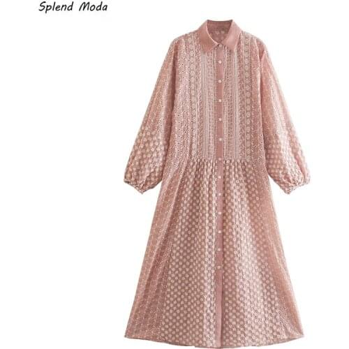 Splend Moda 2021 New Fashion Pink Long Sleeve Embroidered Loose Vintage Lapel Hollow Single Breasted Dress Women Vestido Chic